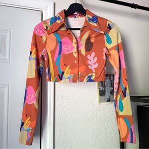 ELSIE & FRED rust orange abstract print button up cropped long sleeve top‎
